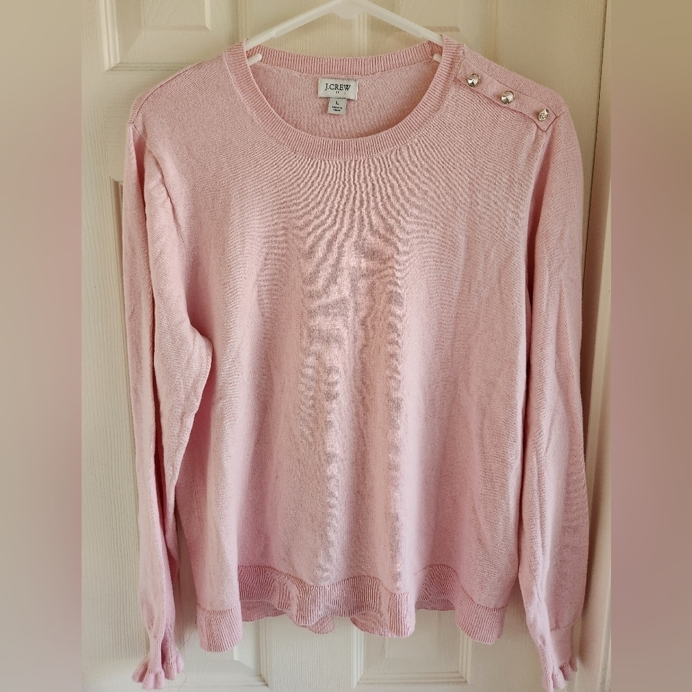 J.Crew Baby Pink Ruffle Rhinestone Sweater Size L Coquette Preppy BL771